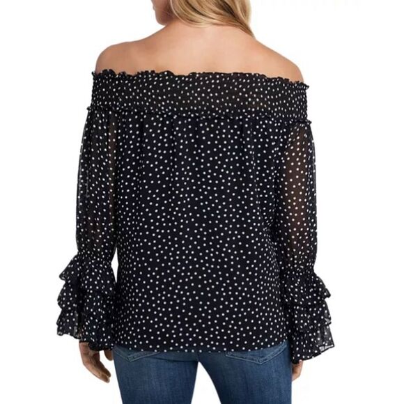 CECE NWT Black/White Dot Print Long Ruffle Sleeve Off Shoulder Chiffon Blouse L - Picture 2 of 13